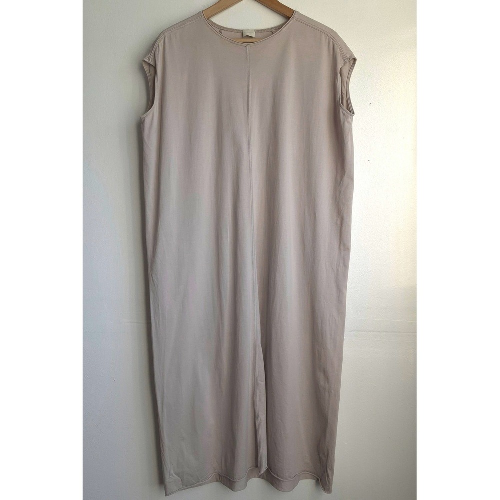 Sleeveless Maxi Dress Taupe Beige Jersey Knit‎ Raw Hem Minimalist Shift Size L